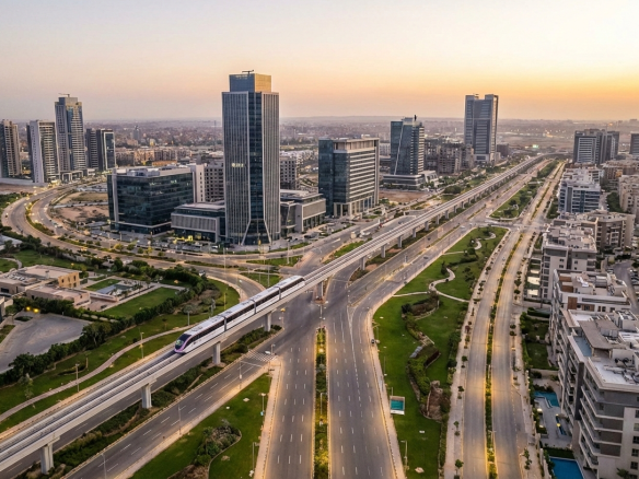 المشهد العقاري في القاهرة الجديدة 2026 (الرؤية والتحليل) هذه الصورة تجسد النظرة المستقبلية للقاهرة الجديدة في 2026، حيث تظهر المدينة في وقت الغروب مع المونوريل الحديث وهو يعبر بين الأبراج والمباني، مما يعكس التطور العمراني والتكنولوجي الذي يتناوله القسم الأول.